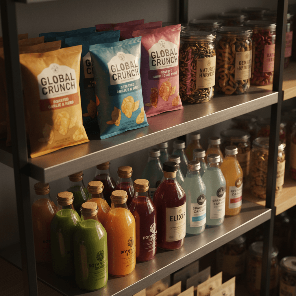 A warm, artisanal aesthetic close-up shot of premium snack items and fresh beverage bottles arranged on sleek shelving.